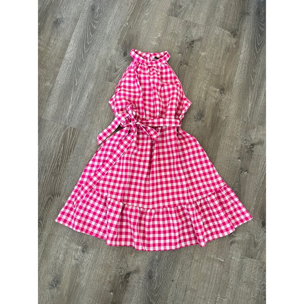 SHEIN Curve Pink Gingham Halter Mini Dress Ruffle Hem Picnic Cottagecore 1XL